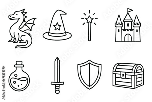 Fantasy icons: dragon, wizard hat, magic wand, castle, potion, sword, shield, treasure chest