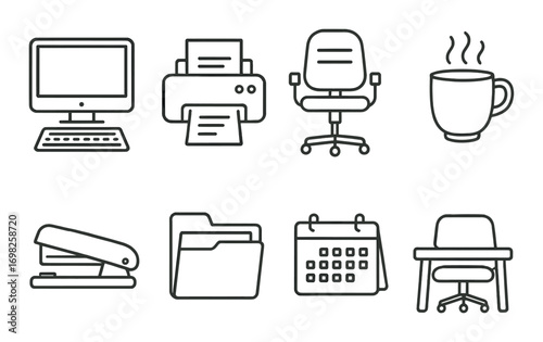 Office icons: computer, printer, chair, coffee, stapler, folder, calendar, desk