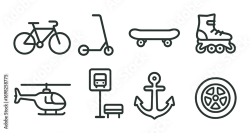 Transportation icons: bicycle, scooter, skateboard, rollerblade, helicopter, bus stop, anchor, wheel