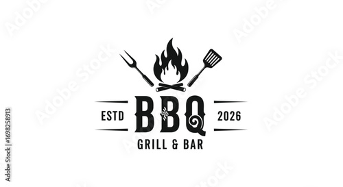 Vector illustration of vintage bbq grill and bar logo with fire, fork, and spatula