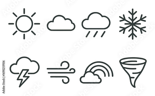 Weather icons set: sun, clouds, rain, snowflake, lightning, wind, rainbow, tornado