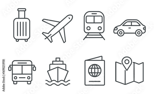 Transportation icons featuring luggage, airplane, train, car, bus, ship, passport, map