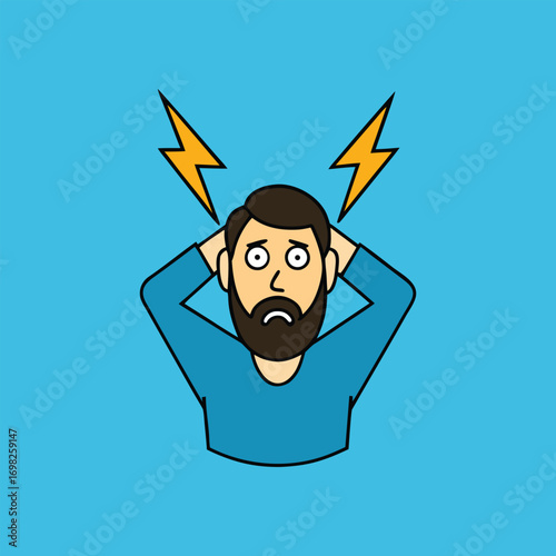 Sad Bearded Man Head in Hands Vector Portrait