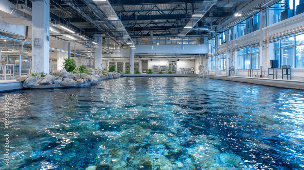 Obraz premium Modern aquaculture tanks filled with water shimmering under LED lighting, clean white walls and structured piping visible, spacious high-ceiling interior