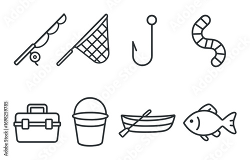 Fishing equipment icons: rod, net, hook, bait, tackle box, bucket, boat, fish