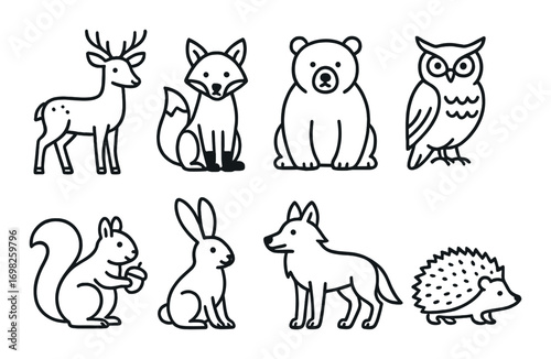 Outlined woodland animals: deer, fox, bear, owl, squirrel, rabbit, wolf, hedgehog