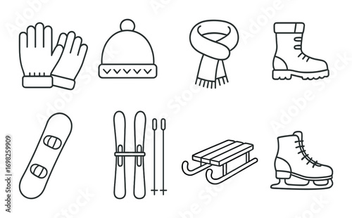 Winter sports icon set: gloves, hat, scarf, boots, snowboard, skis, sled, ice skate