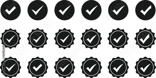 Collection of approved checkmarks in circular and badge designs, signifying confirmation and success.