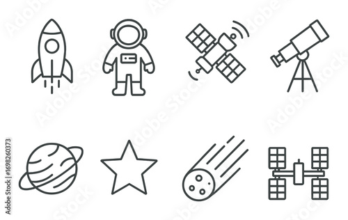 Space icons: rocket, astronaut, telescope, satellite, planet, star, comet, orbit