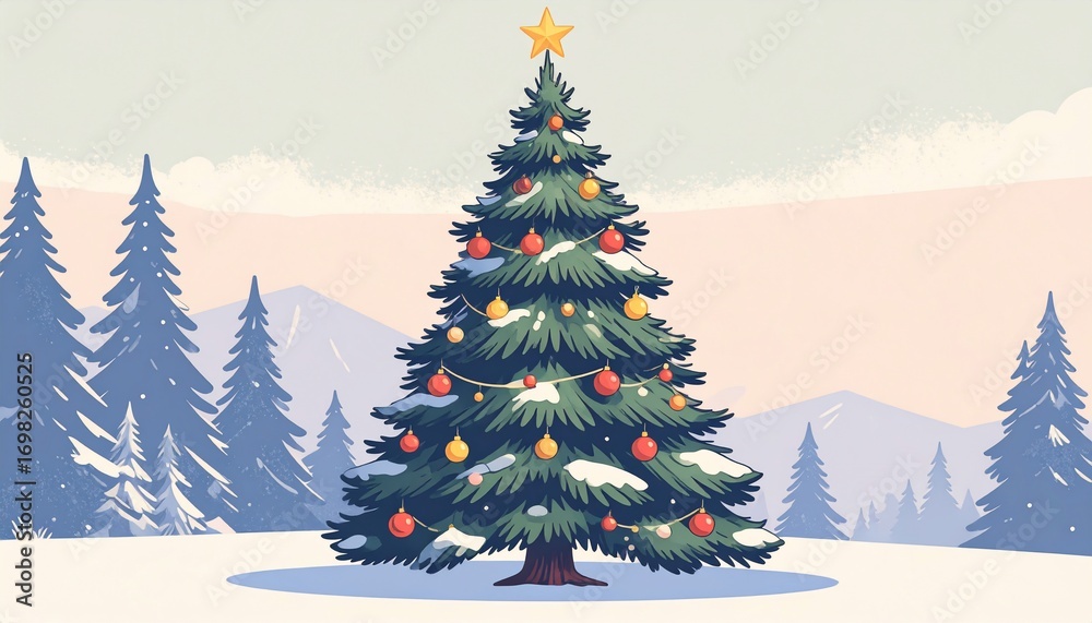 Obraz premium Festive Christmas Tree amidst Snowy Landscape: A Winter Holiday Illustration