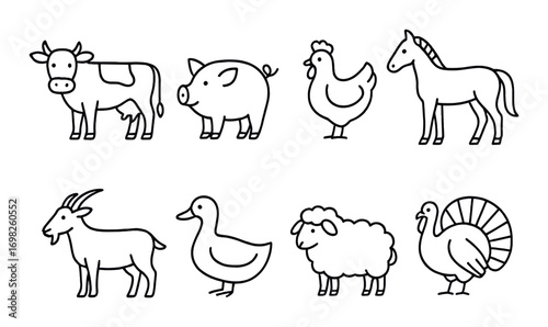 Hand-drawn farm animals set with cow, pig, chicken, horse, goat, duck, sheep, turkey