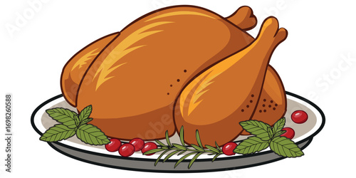 Vector illustration of a whole roasted turkey with golden brown crispy skin, served on a plate with herbs, rosemary and cranberries, isolated on white background, Thanksgiving holiday food.