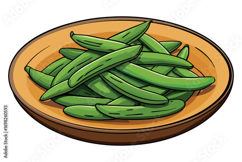 Vector illustration of roasted green beans served on a plate, healthy vegetable side dish, realistic detailed texture, isolated on white background, Thanksgiving holiday food design.