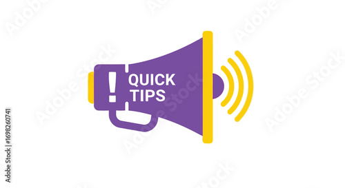 Vector illustration of purple megaphone with yellow trim and sound waves, displaying the text quick tips