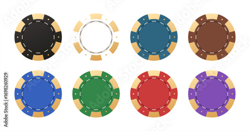Gambling casino chips. Colorful collection of casino chips for gambling, poker, roulette. Casino chips and coins isolated on white background. Vector 10 eps.