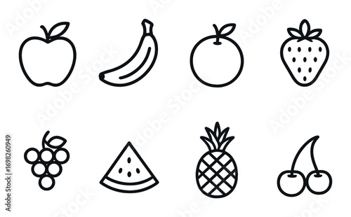 Minimalist black and gray fruit icon set featuring various popular fruits