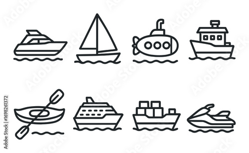 Outline of various boats: yacht, sailboat, submarine, and more on black background