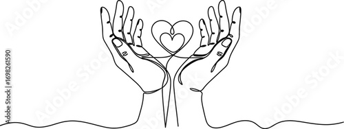 Delicate line art of cupped hands cradling a heart, symbolizing love, care, and support