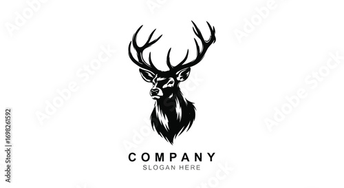 Vector illustration of black and white illustration of a stags head with antlers and company slogan