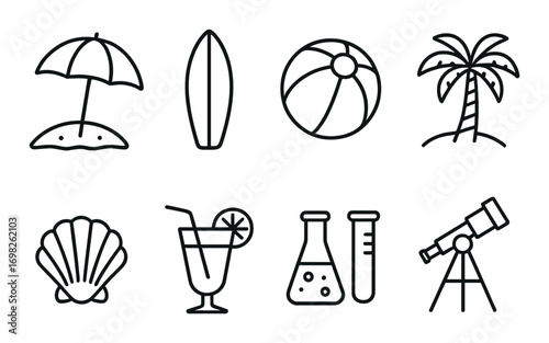 Beach vacation icons: surfboard, umbrella, cocktail, telescope, palm tree, seashell, ball, test tube