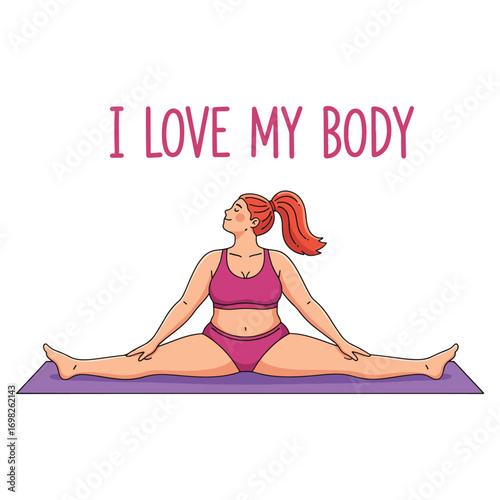 An illustration of a plus-size woman with red hair doing a wide-legged seated forward bend yoga pose on a purple mat, with the text "I LOVE MY BODY" above her.