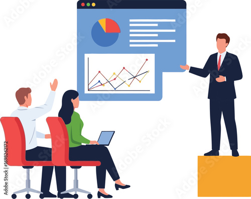 Business professional presenting data charts to attentive audience in a modern meeting room.