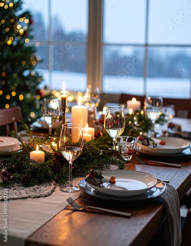 Canvas Print Christmas table setting with burning candles and falling snow outside window