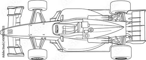 Detailed top view blueprint of a sleek racing car, highlighting aerodynamic design and engineering.