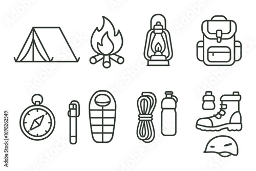 Camping essentials icons: tent, campfire, lantern, backpack, compass, sleeping bag, rope, water bottle, boots, helmet