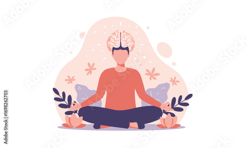 flat design Meditation and Mental Health Concept with Glowing Brain Illustration