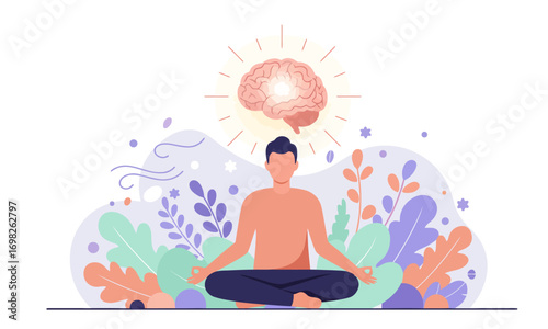 flat design Meditation and Mental Health Concept with Glowing Brain Illustration