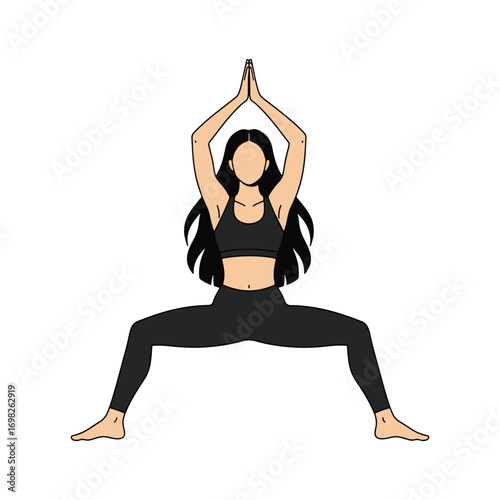 A woman performing a yoga pose, Goddess Pose, with hands in prayer position above her head, illustrating strength and balance.