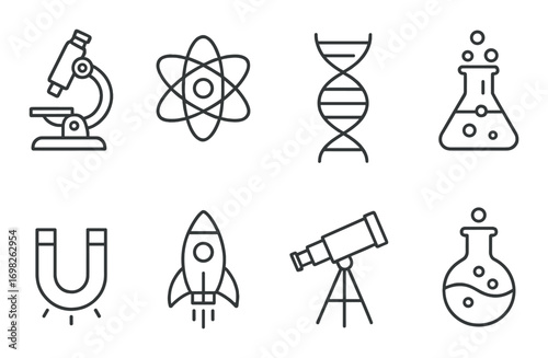Science icons set: microscope, atom, dna, beaker, magnet, rocket, telescope, flask