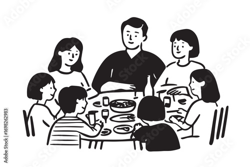 vector illustration: family having dinner sitting at table, cafe, simple book illustration style