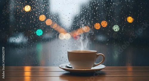 Cinematic eye-level view of a coffee cup on a rainy day