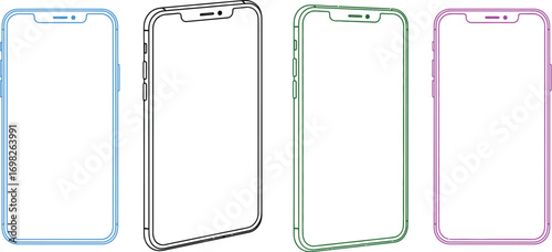 Modern smartphone outlines in various pastel colors with blank screens for design