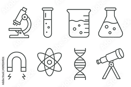Science icons: microscope, test tubes, atom, dna, magnet, telescope