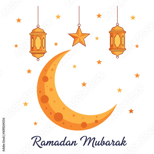 Ramadan Mubarak greeting card with a large crescent moon, hanging lanterns, and stars on a white background.