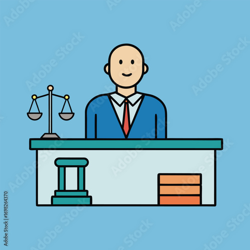 Courtroom Judge Sitting at Desk with Scales Vector