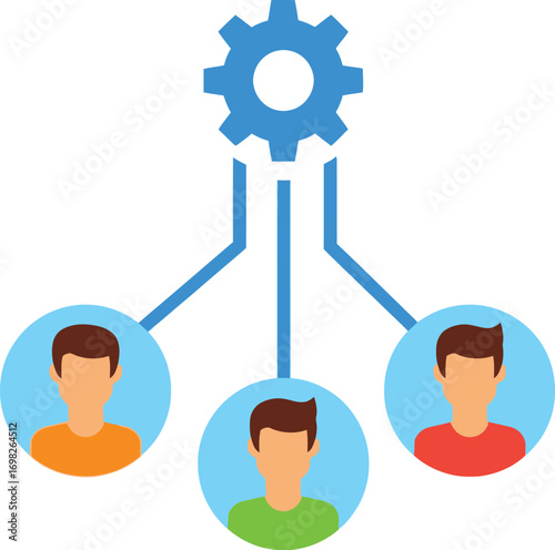 Teamwork and collaboration represented by connected people and a central gear icon symbolizing shared goals.
