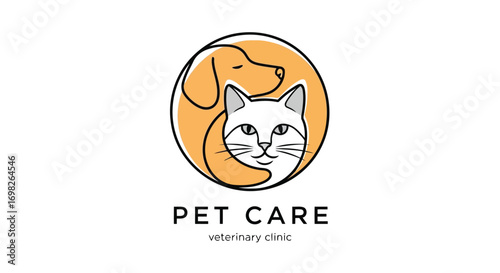 Vector illustration of logo for a pet care veterinary clinic featuring a dog and cat embracing within a circle