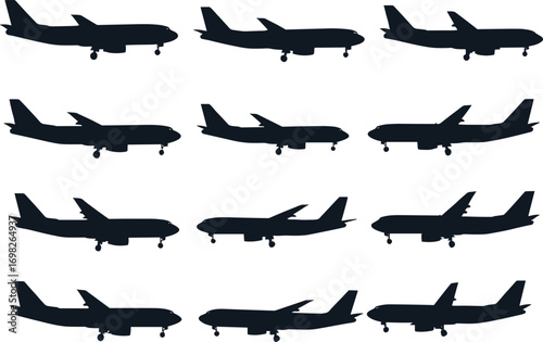 Silhouette airplane collection, commercial aircraft vector, airplane side view, black jet icons, aviation clipart, airline design elements