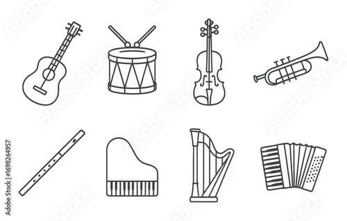 Outlined musical instruments set on grayscale background
