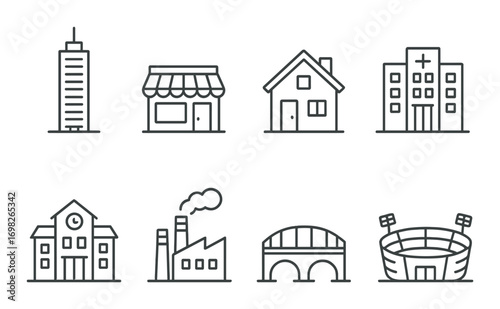Set of outline icons: skyscraper, store, house, hospital, school, factory, bridge, stadium