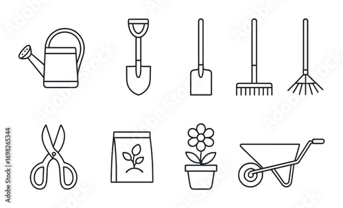 Garden tool icons with watering can, shovel, rake, scissors, fertilizer, flower, wheelbarrow