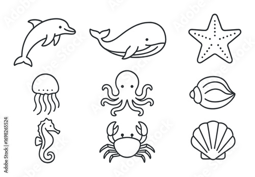 Sea creature outlines on dark background: dolphin, whale, starfish and more