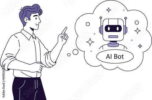Man imagining a friendly AI bot, symbolizing future technology and innovation.