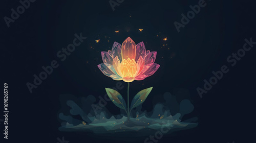 A serene and enchanting crystal flower radiating with a warm, magical light in a mystical fantasy setting