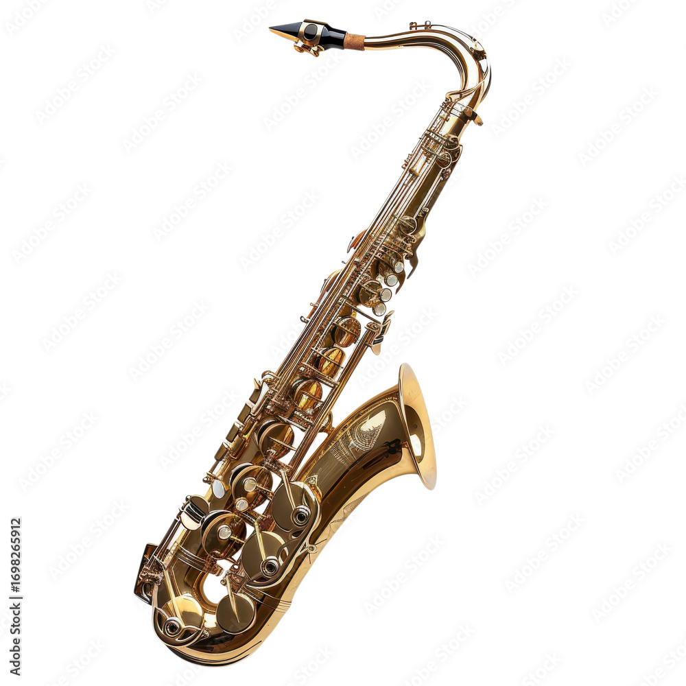 Fototapeta premium Golden saxophone displayed artistically on a clean white background emphasizing its design and craftsmanship