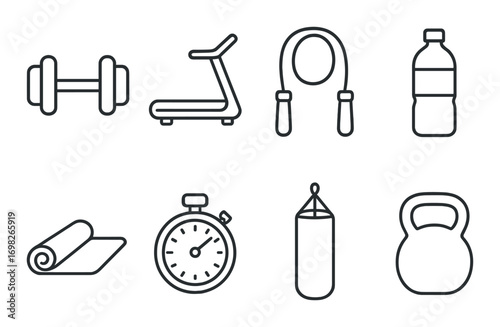 Gym equipment icons: dumbbell, treadmill, jump rope, water bottle, yoga mat, stopwatch, punching bag, kettlebell